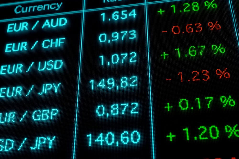 A digital screen showcasing various currency rates alongside essential financial data for market analysis.